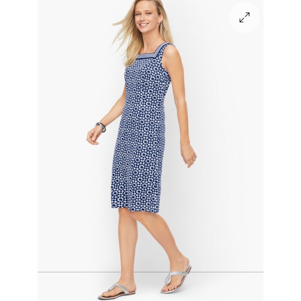 Talbots Effortless Jersey Shift Dress in Star Geo pattern Navy White NWOT Large